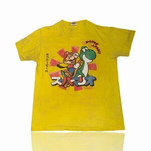 Vintage 2009 Nintendo Mario & Yoshi Graphic T-Shirt Yellow Size M (Heavy wear)